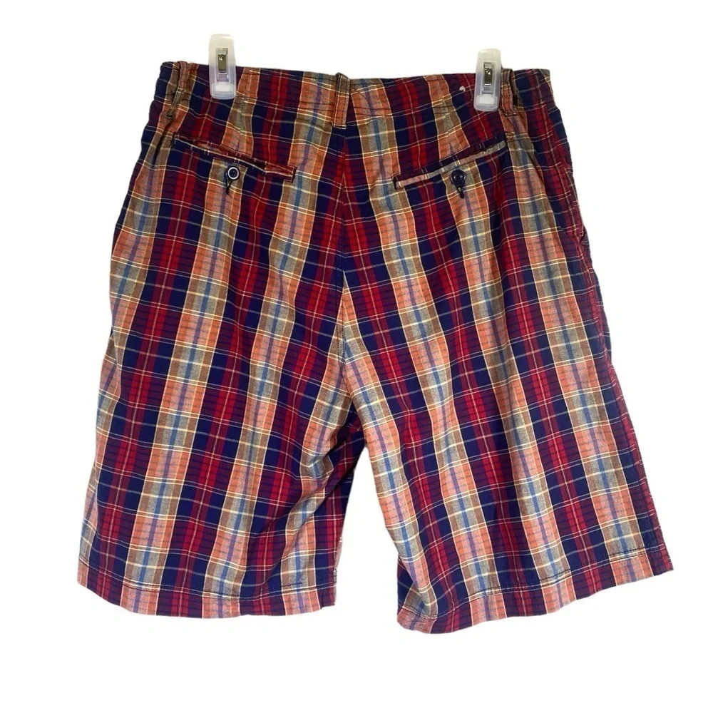 Madison men's 34 Plaid blue red orange casual fun vacation flat front shorts